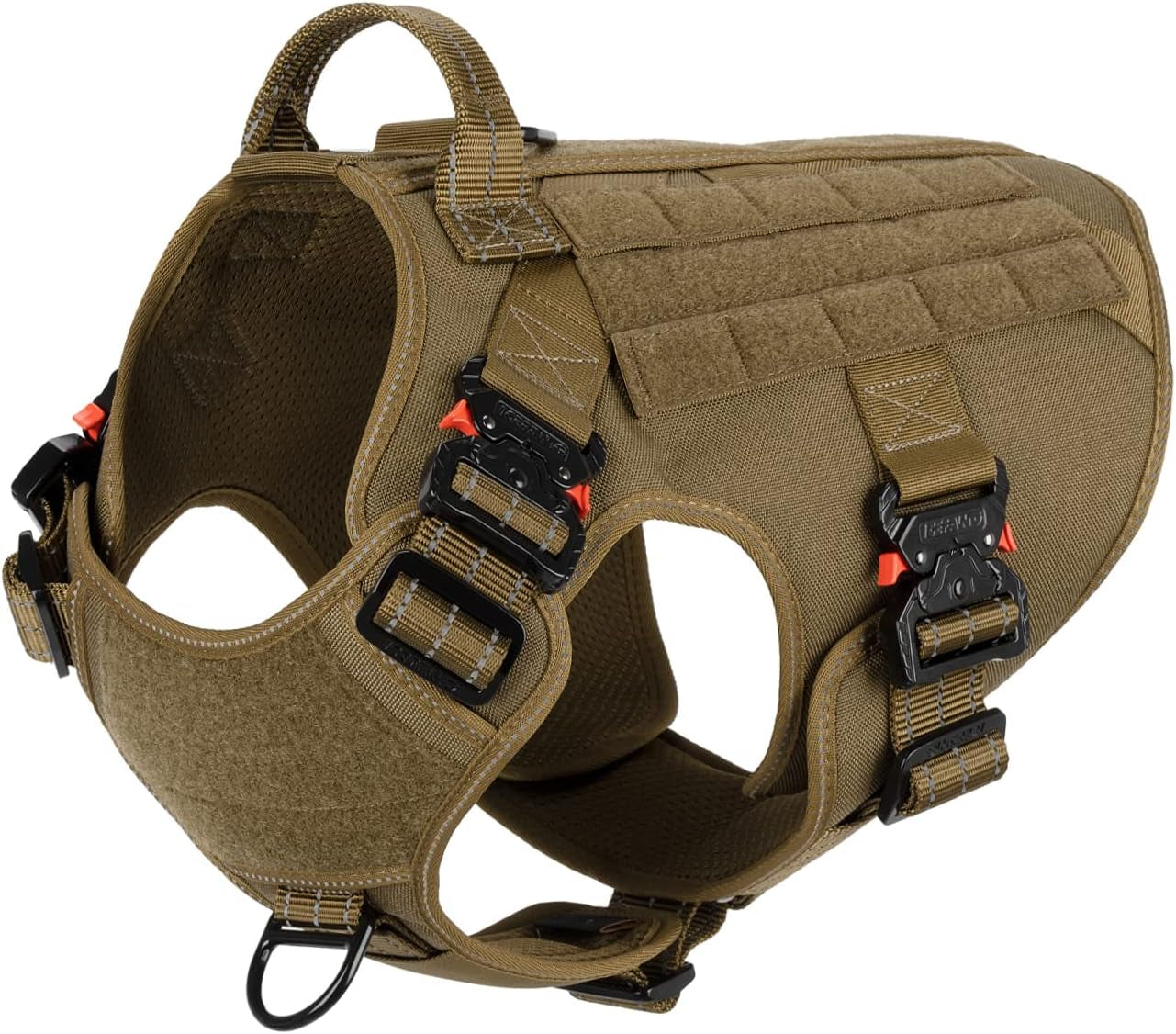 ICEFANG Tactical Dog Harness with 4X Metal Buckle,Working Dog MOLLE K9 Vest with Handle,No Pulling Front Clip,Adjustable Pet Harness for X-Large Dogs (XL (32"-39" Chest), Brown)