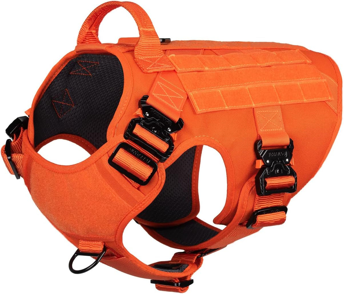 ICEFANG Tactical Dog Harness with 4X Metal Buckle,Working Dog MOLLE K9 Vest with Handle,No Pulling Front Clip,Adjustable Pet Harness for Large Dogs (L (28"-35" Chest), Orange)