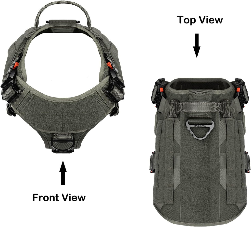 ICEFANG Tactical Dog Harness with Four Metal Buckles, MOLLE K9 Vest for Working Dogs, No-Pull Front Clip, Adjustable Harness for Medium Dogs (Chest Size 25"-31"), Black