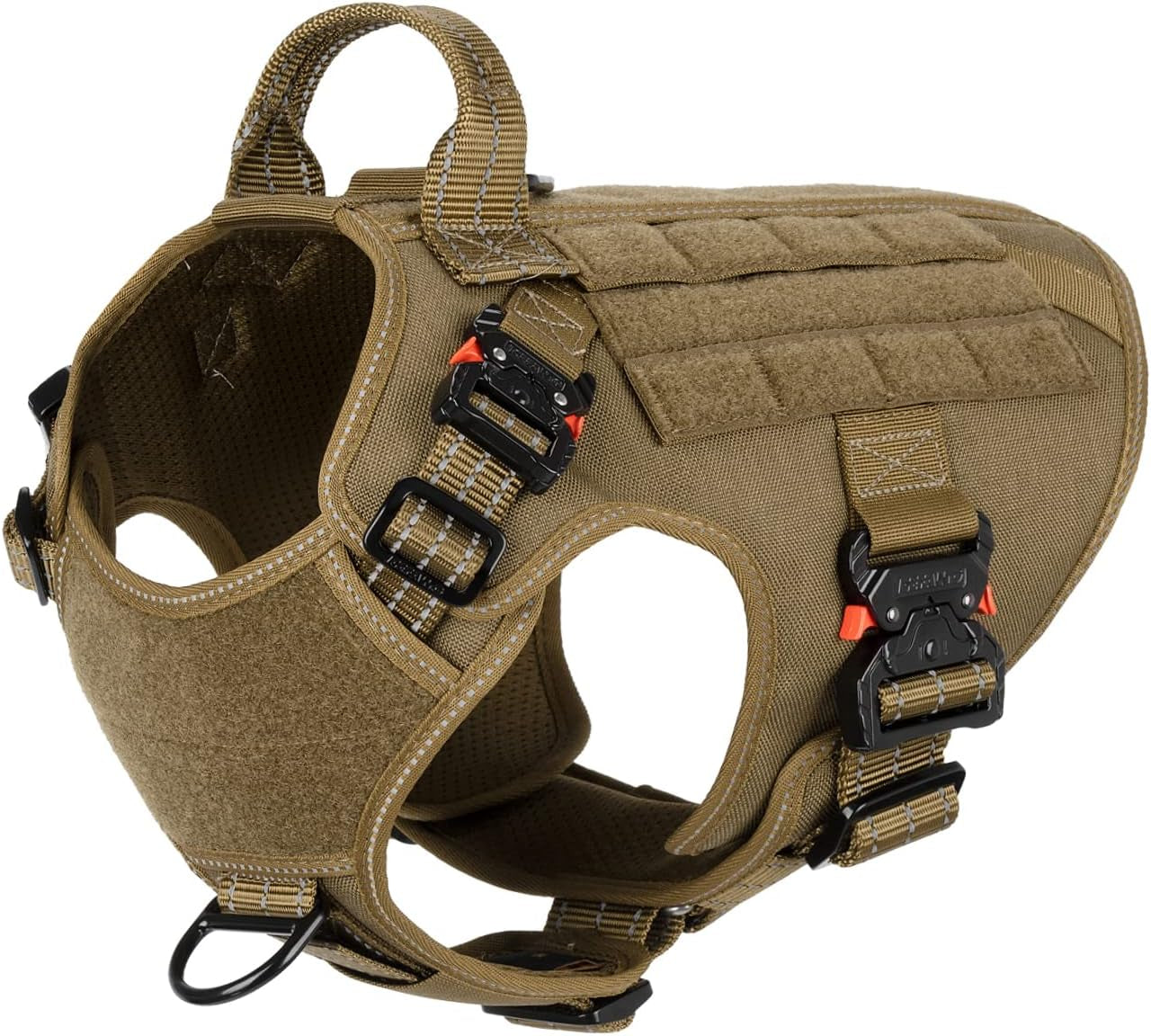 ICEFANG Tactical Dog Harness with 4X Metal Buckle,Working Dog MOLLE K9 Vest with Handle,No Pulling Front Clip,Adjustable Pet Harness for Meduim Dogs (M (25"-31" Chest), Brown)
