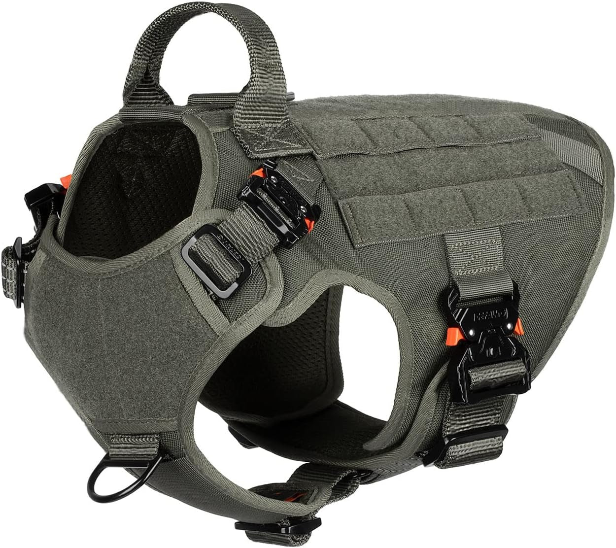 ICEFANG Tactical Dog Harness with 4X Metal Buckles, MOLLE K9 Vest with Handle, No-Pull Front Clip, Adjustable Harness for Medium Dogs (M: 25"-31" Chest), Green